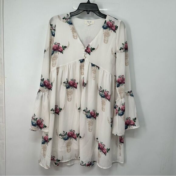 Peach Love Size Med V-Neck Flutter Sleeve Cream w/Floral Print Baby Doll Dress - Picture 1 of 12
